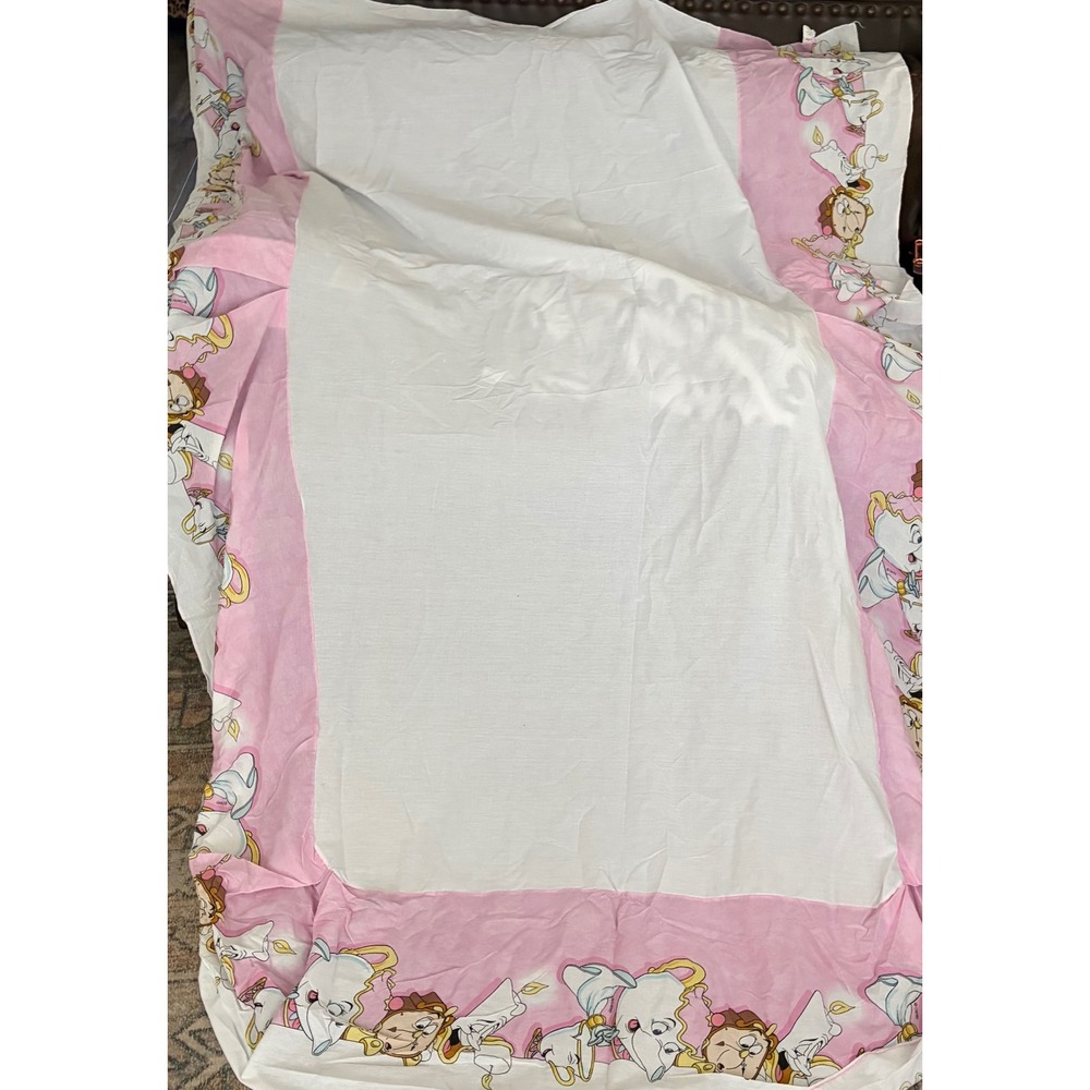 Vintage Disney Beauty and the Beast Twin Flat Sheet Mrs Potts Lumiere Pink White
